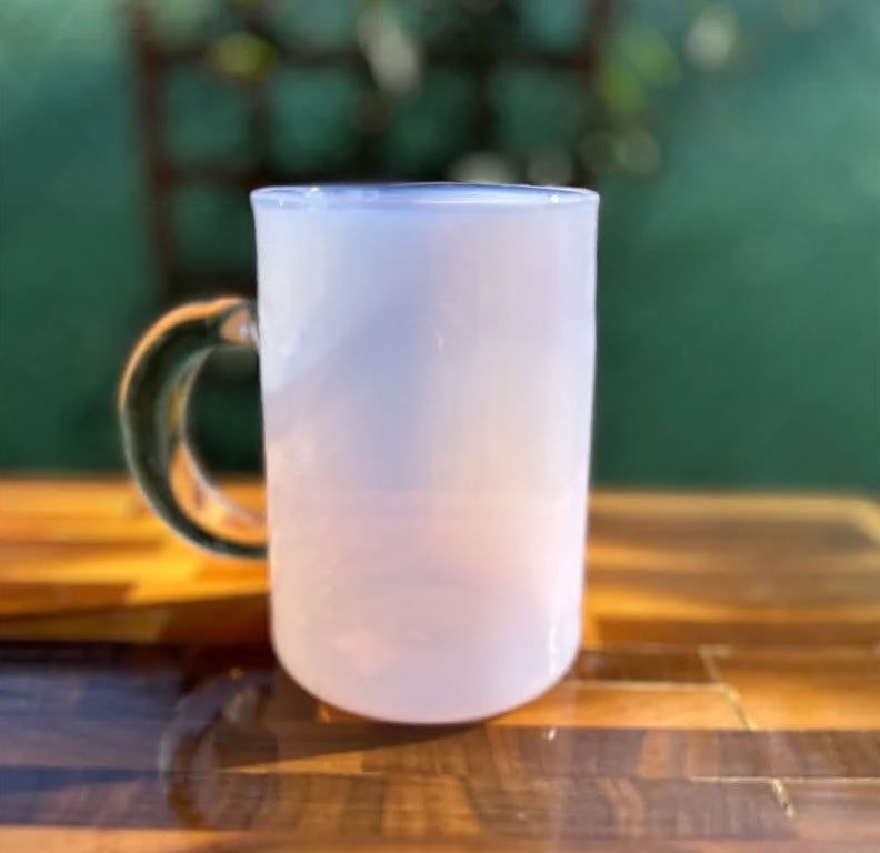 Handblown Jade Pink Glass Mug, Iridescent Borosilicate Coffee & Tea Cup